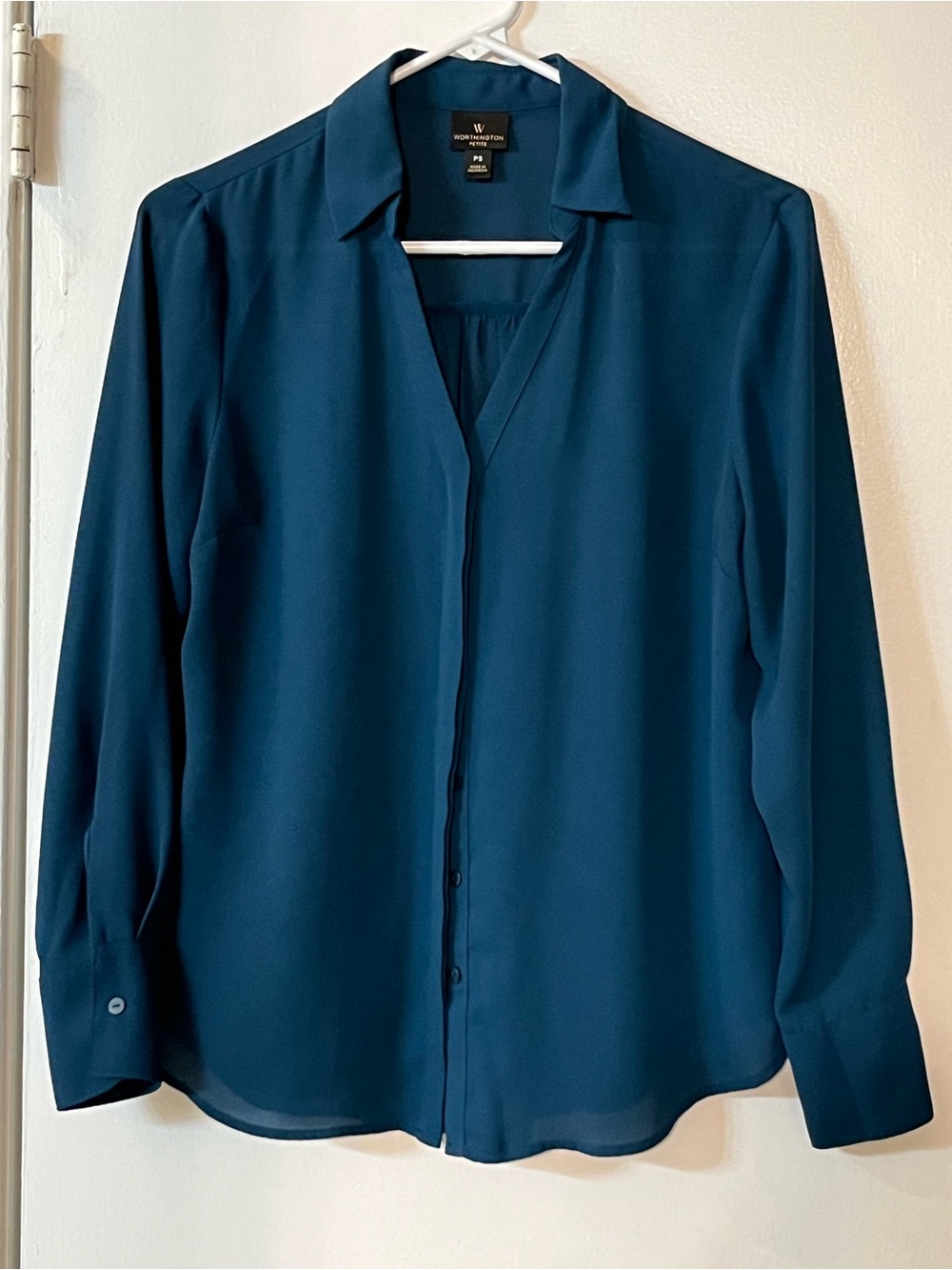 Worthington Deep Teal sheer Button-Down Blouse Size PS